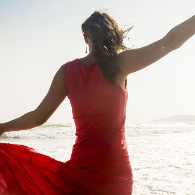 woman in red dress